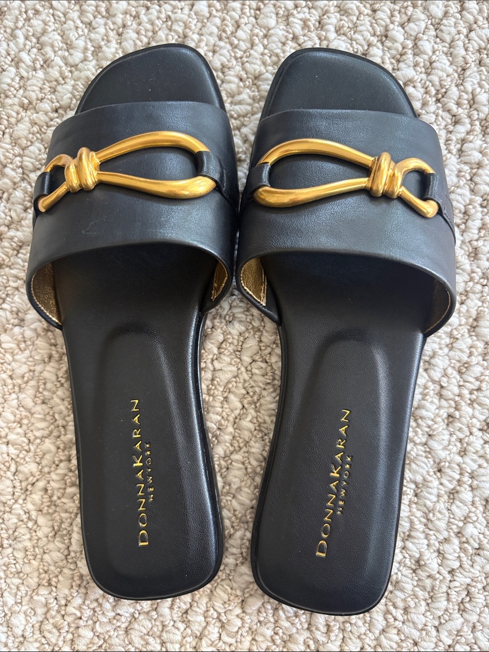 Donna Karan Black Leather Slide Sandals with Gold Hardware
